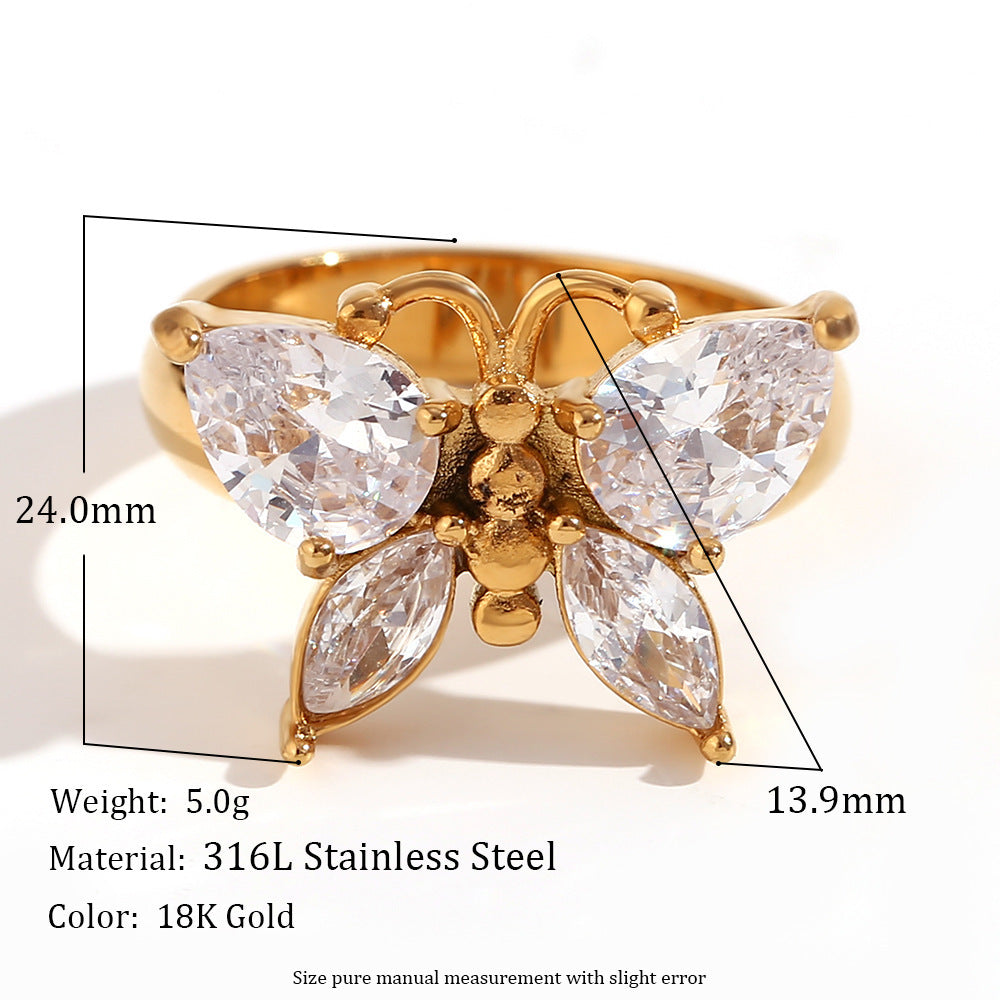 Anillo de mariposa de circonita cúbica de moda - Acero inoxidable chapado en oro de 18 quilates