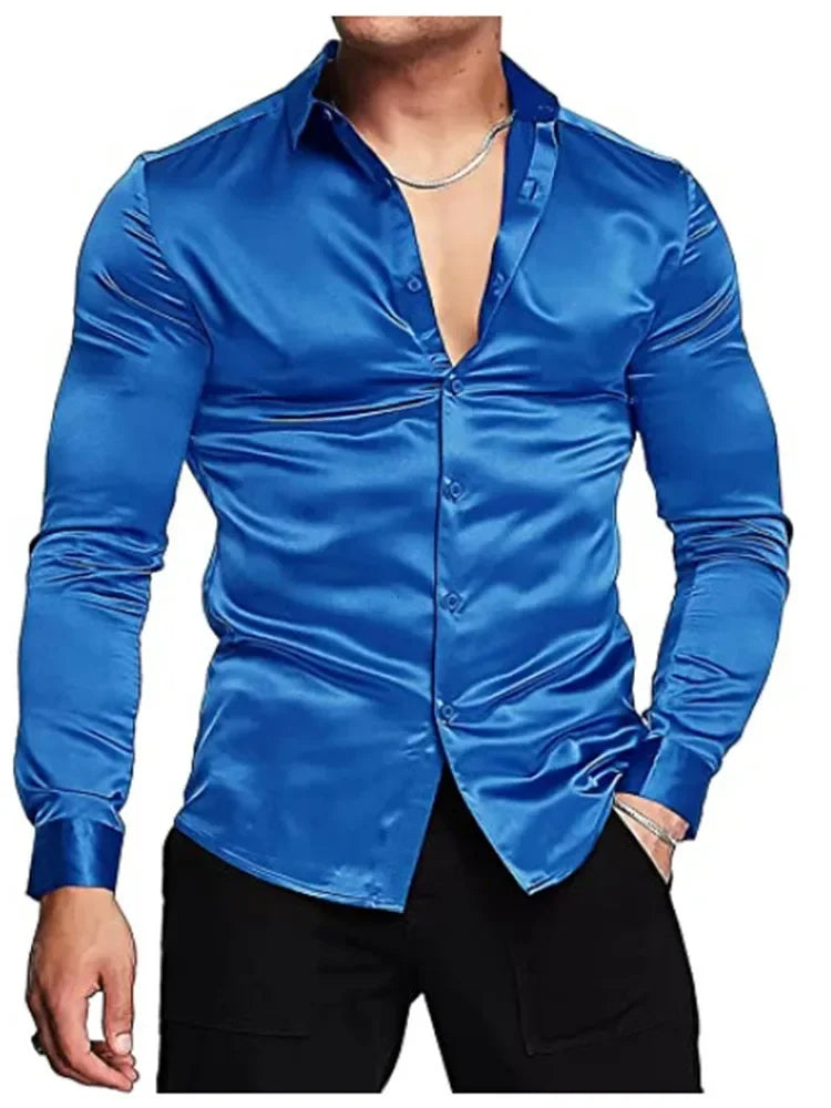 Herren Luxuriöses Glänzendes Seiden-Satin Hemd – Langarm, Lässiger Slim Fit, Muskel-Schnitt, Button-Down Hemd für Männe