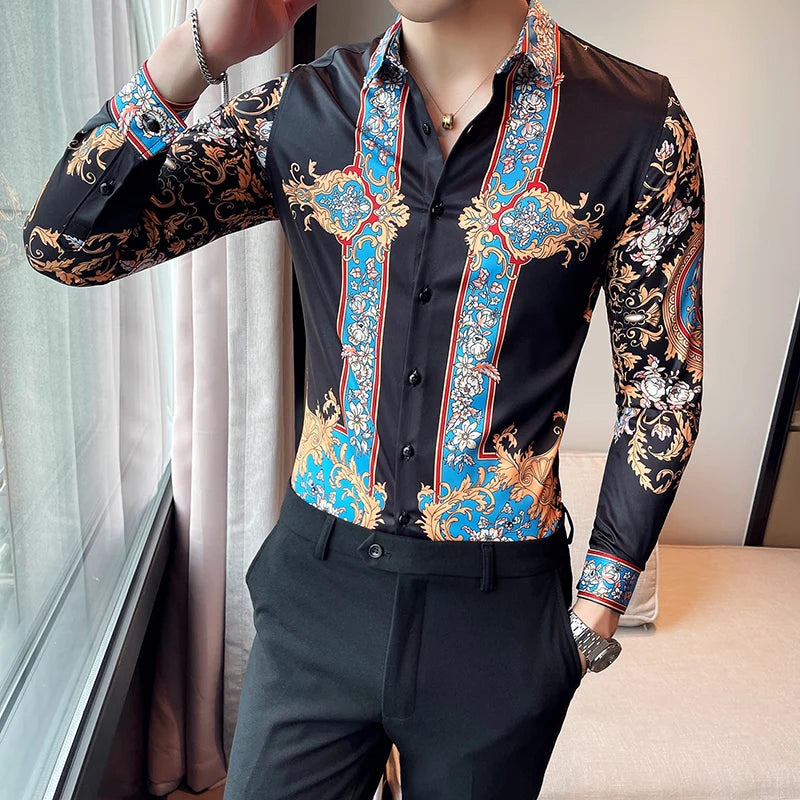 Marken Designer Herren Blumen Hemd Kleid Luxus Paisley Druck Langarm Casual Hemden Bluse Homme Mode Barock Herrenbekleidung