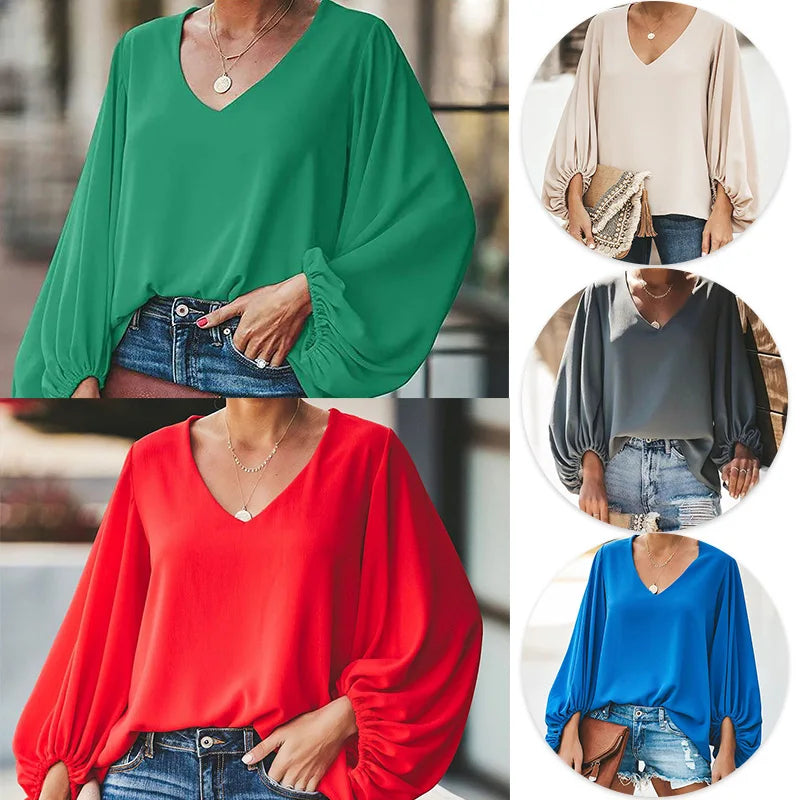 Damenbluse mit Laternenärmeln – Elegante V-Ausschnitt-Chiffon-Bluse für Büro und Freizeit