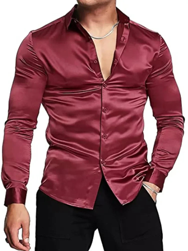 Herren Luxuriöses Glänzendes Seiden-Satin Hemd – Langarm, Lässiger Slim Fit, Muskel-Schnitt, Button-Down Hemd für Männe