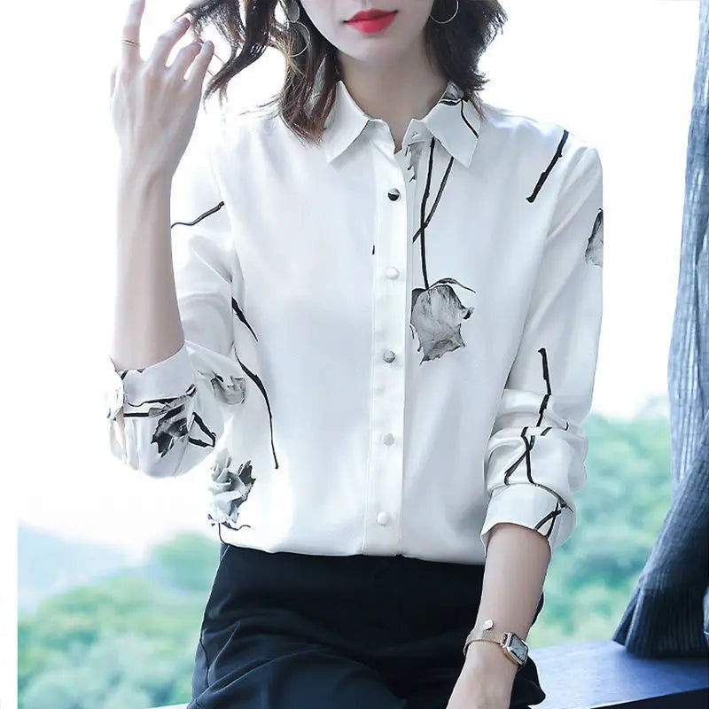 Elegant Fashion Printing Rose High-end Blouse Women New Long Sleeve White Single-breasted Office All-match Lady Shirt 2023