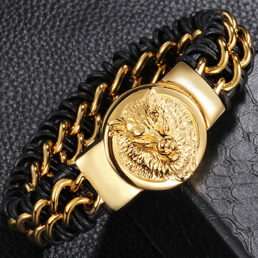 Titanstahl Herrenarmband – Löwenkopf-Design mit Goldplattierung und Echtleder