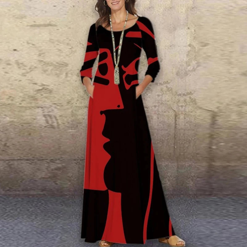 Elegantes Damenkleid – Langarm-Maxikleid mit abstraktem Print, O-Ausschnitt, Taschen und A-Linien-Schnitt, perfekt für Frühling und Herbst