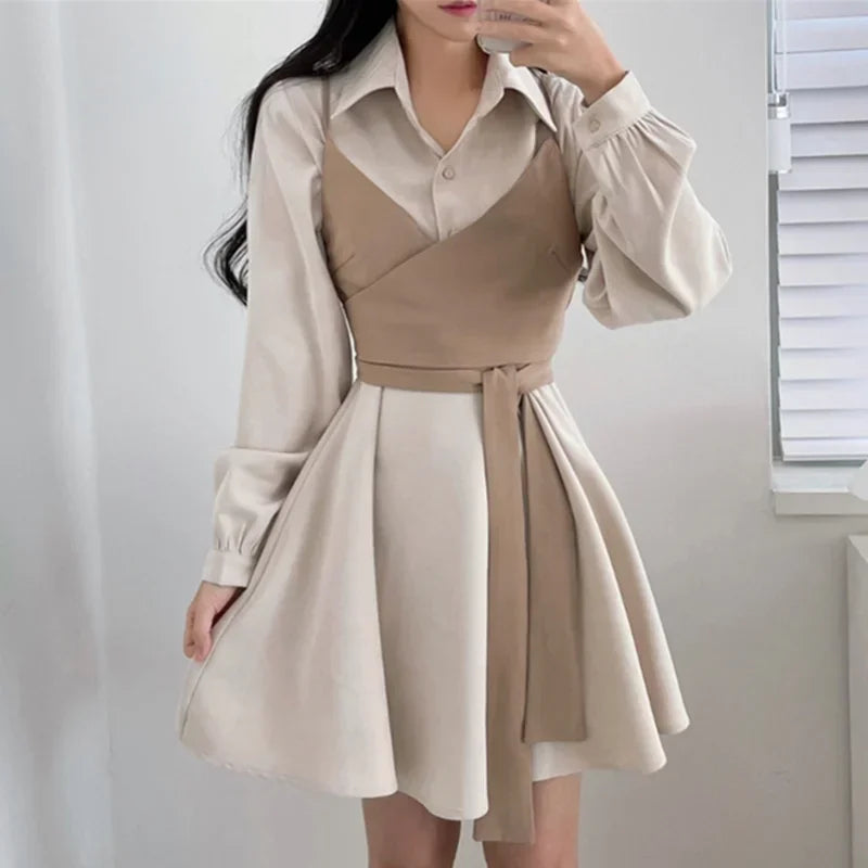 Neploe Chic French Simple Sweet Temperament Lapel Irregular Design Solid Color Dress Waist Wrap Chest Camisole Two Piece Suit