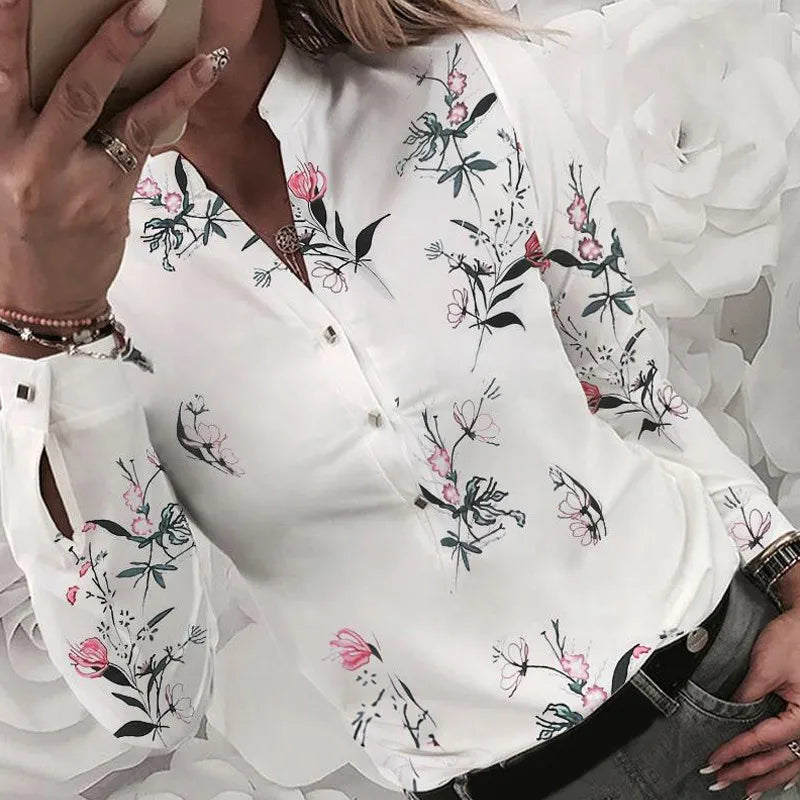 Blumenprint-Bluse für Damen – Elegante Langarmbluse mit V-Ausschnitt und Knöpfen für Frühling und Sommer