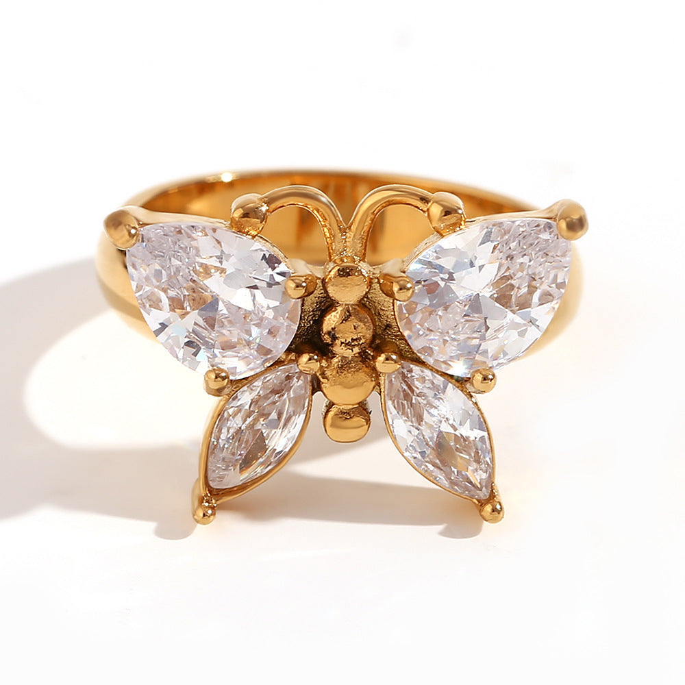 Anillo de mariposa de circonita cúbica de moda - Acero inoxidable chapado en oro de 18 quilates