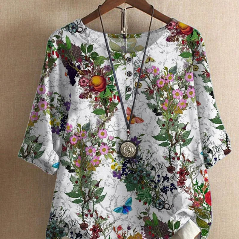 Ethnic Style Women's O-neck Digital Vintage Print Loose Shirt Oversized Half Sleeve Blouses Tops Women Harajuku Casual Pullover