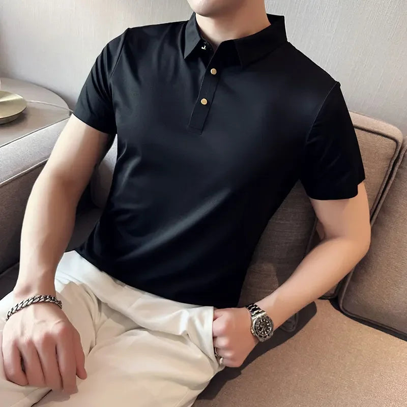 Herren Kurzarm-POLO-Shirt:Dünn, Hoch Elastisch, Unifarben, Slim Fit, Elegantes Freizeit- und Businesshemd