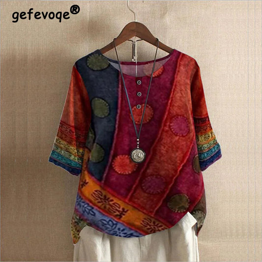 Ethnic Style Women's O-neck Digital Vintage Print Loose Shirt Oversized Half Sleeve Blouses Tops Women Harajuku Casual Pullover