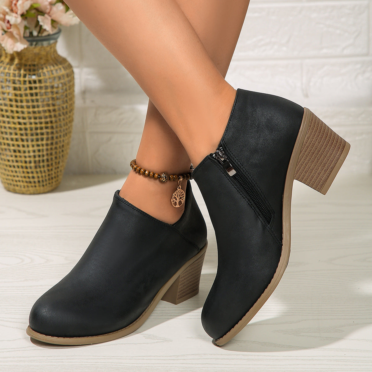 Chunky Heel Ankle Boots mit rundem Zeh und seitlichem Reißverschluss – Stilvoll und Bequem für Herbst und Winter