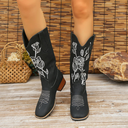 Damen Cowboy-Stiefel – Mid-Calf Western Boots mit Blumenstickerei und Blockabsatz