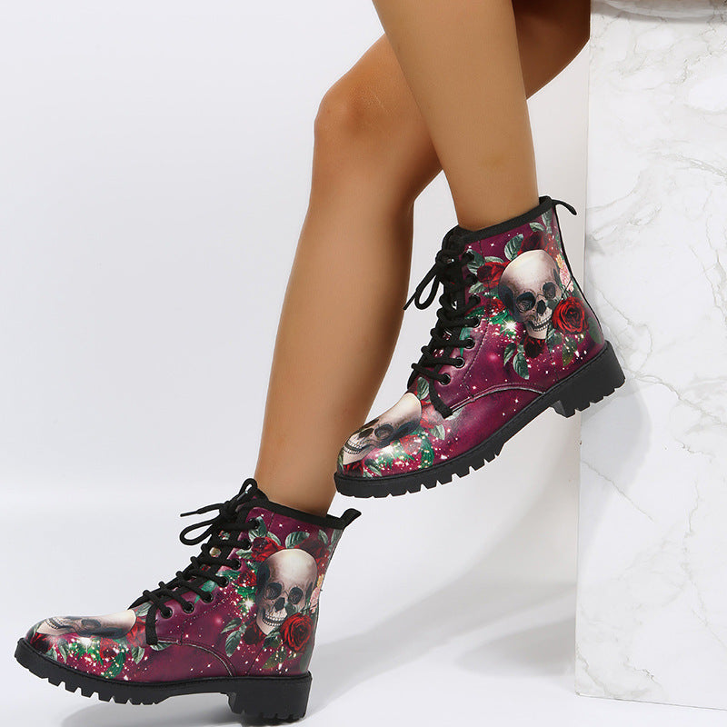 Halloween Ankle Boots with Rose Print and Lace-Up – Stylish and Comfortable for Women