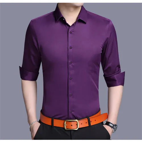 Helles Rotes Langarmhemd Herrenmode Slim Fit Hemden Weiße, Blaue, Graue Herren Tops Schwarzes, Lilanes, Grünes Kleid Camisa Männlich Chemise