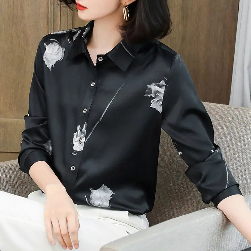 Elegant Fashion Printing Rose High-end Blouse Women New Long Sleeve White Single-breasted Office All-match Lady Shirt 2023