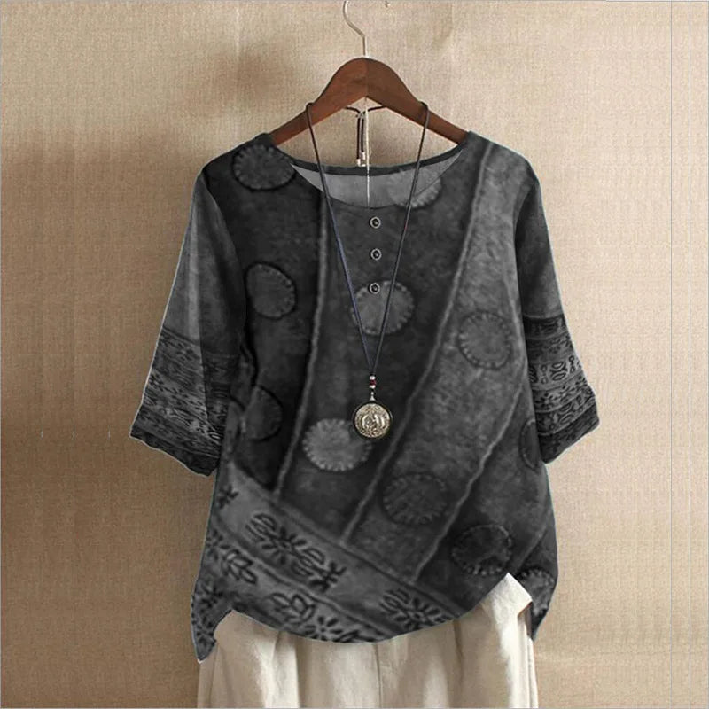 Ethnic Style Women's O-neck Digital Vintage Print Loose Shirt Oversized Half Sleeve Blouses Tops Women Harajuku Casual Pullover