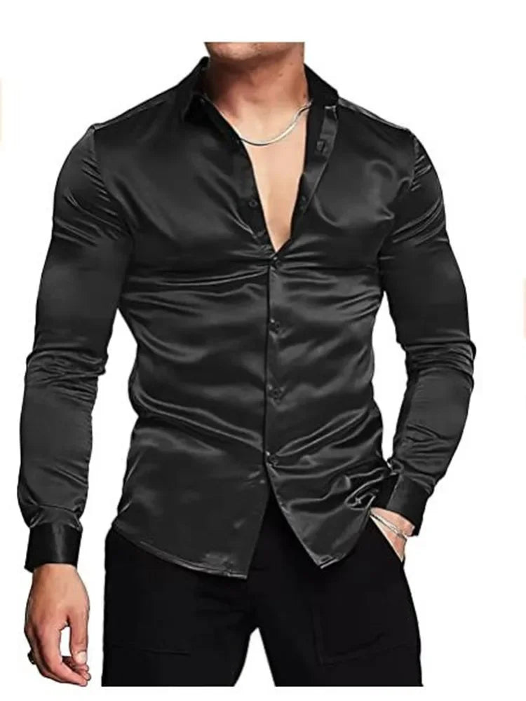 Herren Luxuriöses Glänzendes Seiden-Satin Hemd – Langarm, Lässiger Slim Fit, Muskel-Schnitt, Button-Down Hemd für Männe