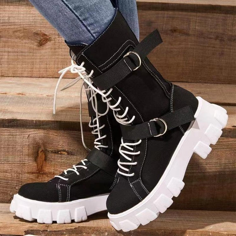 Women's Platform Cowboy Boots with Buckles and Laces - Stylish and Modern