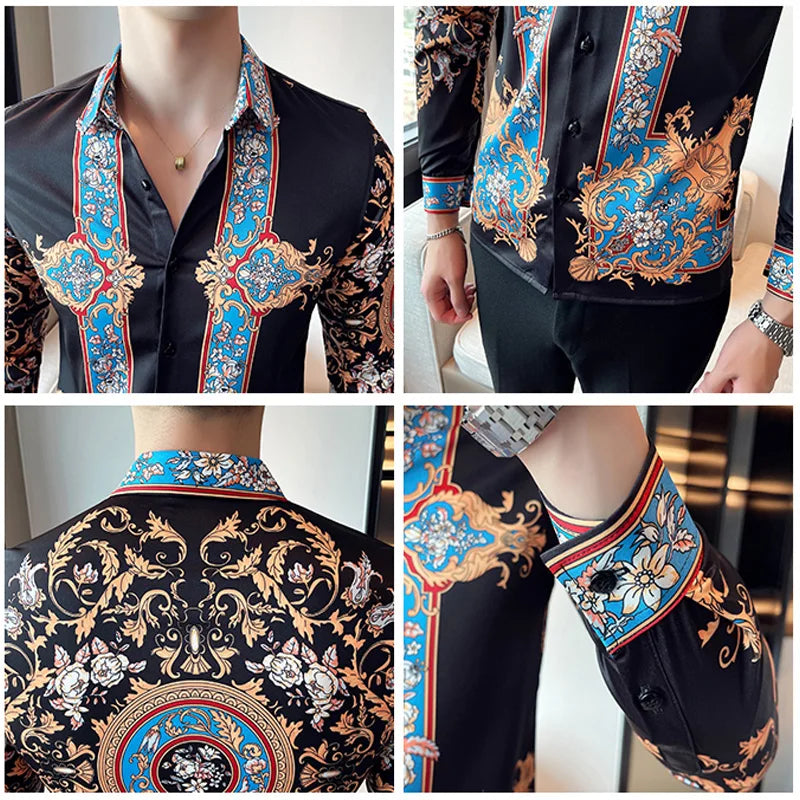 Marken Designer Herren Blumen Hemd Kleid Luxus Paisley Druck Langarm Casual Hemden Bluse Homme Mode Barock Herrenbekleidung