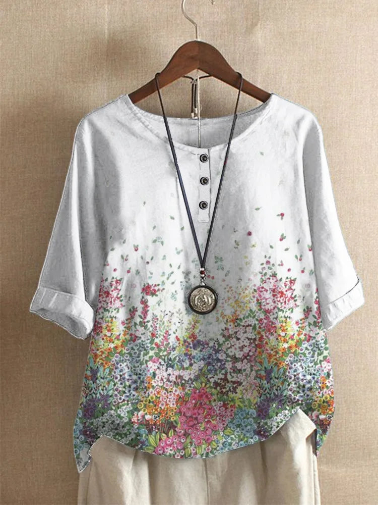 Ethnic Style Women's O-neck Digital Vintage Print Loose Shirt Oversized Half Sleeve Blouses Tops Women Harajuku Casual Pullover