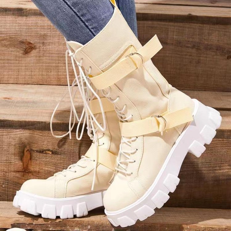 Women's Platform Cowboy Boots with Buckles and Laces - Stylish and Modern