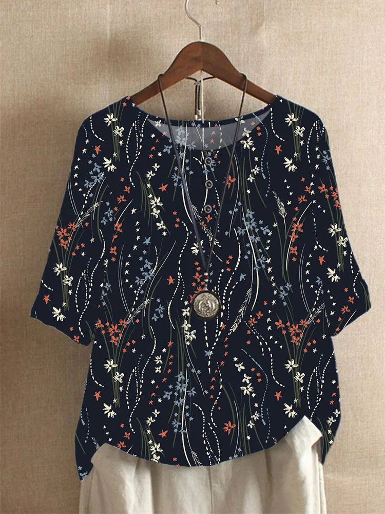 Ethnic Style Women's O-neck Digital Vintage Print Loose Shirt Oversized Half Sleeve Blouses Tops Women Harajuku Casual Pullover