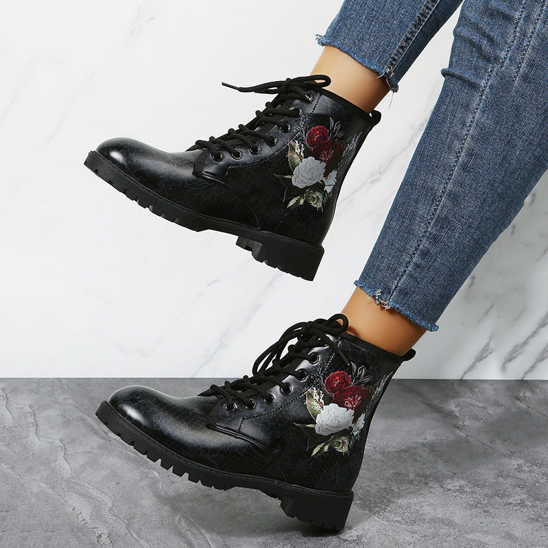 Halloween Ankle Boots with Rose Print and Lace-Up – Stylish and Comfortable for Women