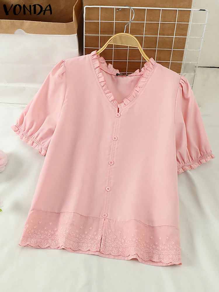 VONDA Damen Elegante Bluse 2024 – Modische Kurzarm Sommerbluse mit Stehkragen, Knöpfen und Boho-Spitzen-Details