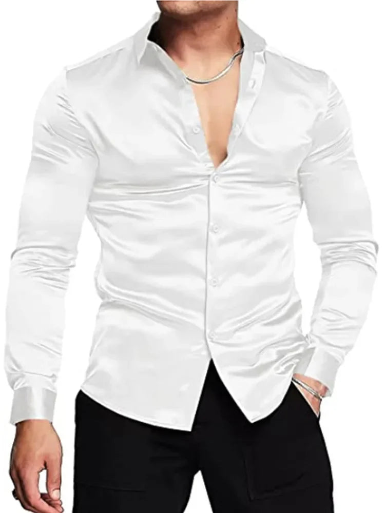 Herren Luxuriöses Glänzendes Seiden-Satin Hemd – Langarm, Lässiger Slim Fit, Muskel-Schnitt, Button-Down Hemd für Männe