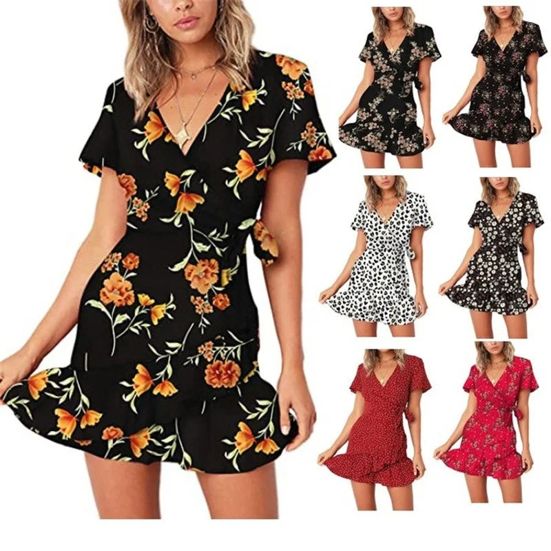 Sommerkleid für Damen – Kurzärmliges Kleid mit V-Ausschnitt, lässiges Design mit Print, knielang, ideal für die warme Jahreszeit