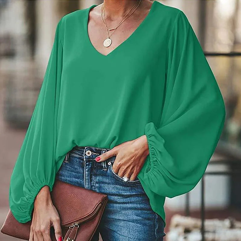 Damenbluse mit Laternenärmeln – Elegante V-Ausschnitt-Chiffon-Bluse für Büro und Freizeit