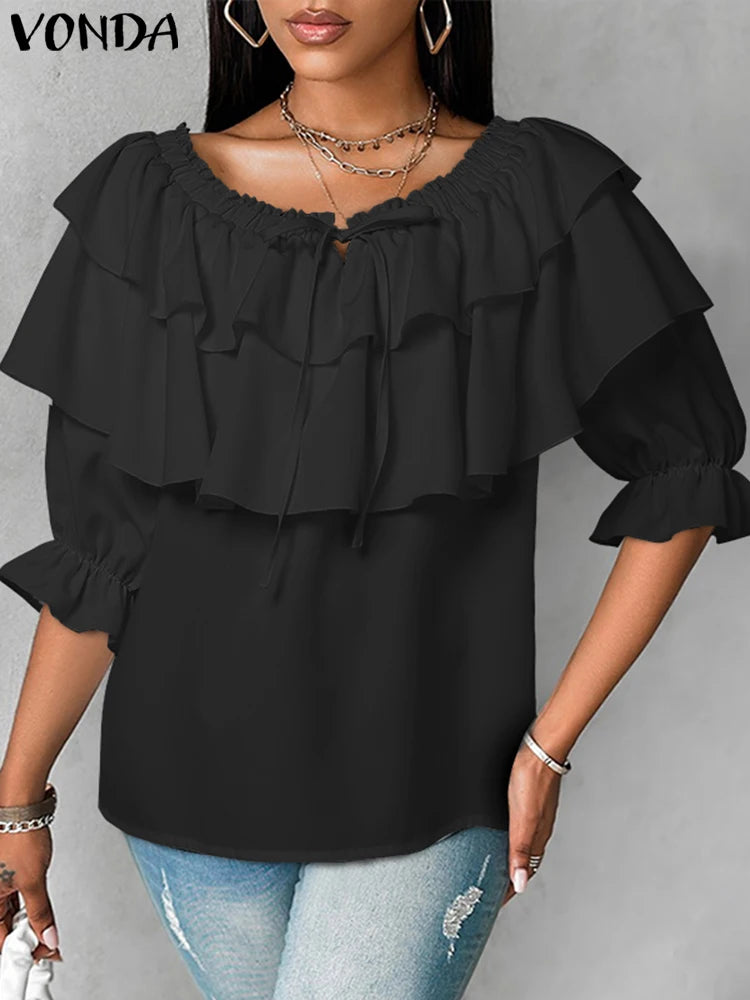 VONDA Damen Bluse – Schulterfreie Tunika mit Volants, Mehrlagiges Rüschen-Design, Boho-Stil, Große Größen bis 5XL – Casual und Elegant