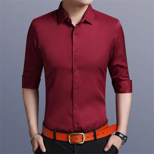 Helles Rotes Langarmhemd Herrenmode Slim Fit Hemden Weiße, Blaue, Graue Herren Tops Schwarzes, Lilanes, Grünes Kleid Camisa Männlich Chemise