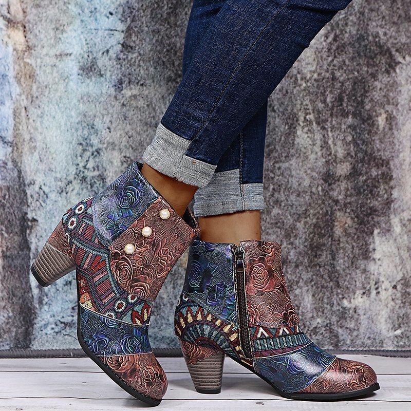 Damen Ankle Boots – Modische Stiefeletten mit Blumenmuster und Chunky Absatz