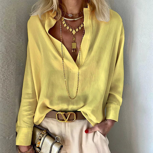 Blusa Mujer Moda 2024 Yellow Shirts Vintage Stand Collar Pullover Lady Loose Long Sleeve Tops Womens Blouses Autumn Blusas Mujer