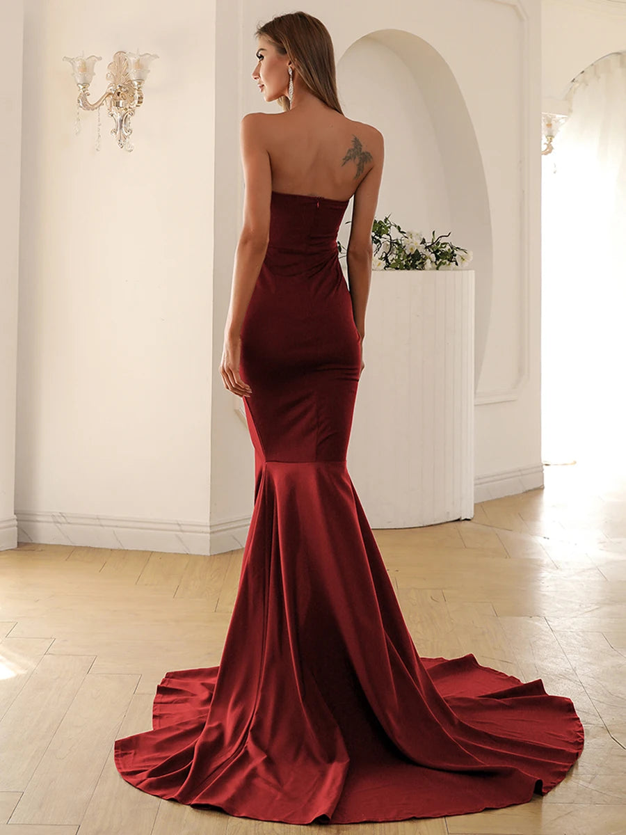 Missord Elegantes weinrotes Mermaid-Abendkleid für Damen – Trägerloses, figurbetontes Maxikleid mit Frontschlitz, Perfekt für Hochzeiten, Partys und Abschlussbälle