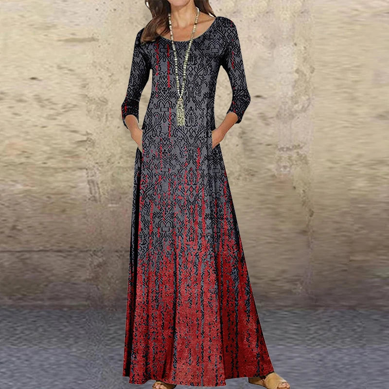 Elegantes Damenkleid – Langarm-Maxikleid mit abstraktem Print, O-Ausschnitt, Taschen und A-Linien-Schnitt, perfekt für Frühling und Herbst