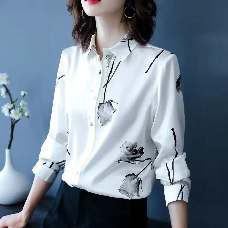 Elegant Fashion Printing Rose High-end Blouse Women New Long Sleeve White Single-breasted Office All-match Lady Shirt 2023