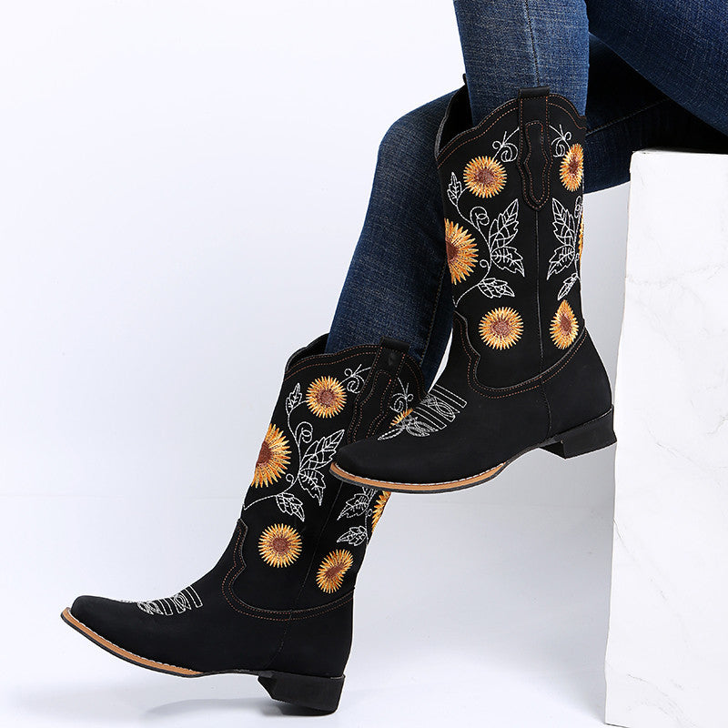 Damen Cowboy-Stiefel – Bestickte Westernstiefel mit Sonnenblumen-Design