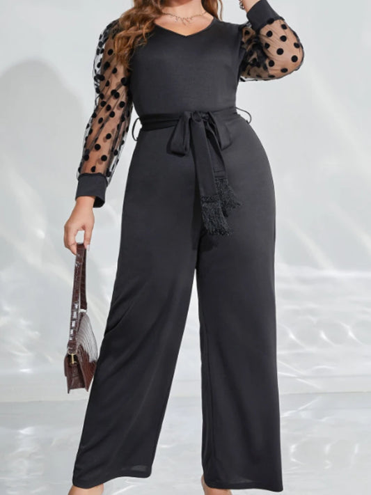 Eleganter schwarzer Jumpsuit – Plus-Size (Größe 4XL) mit V-Ausschnitt, langen Punktärmeln, High-Waist-Design und weitem Bein für Damen