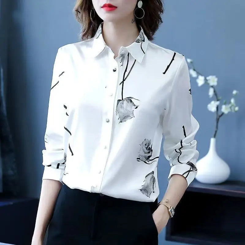 Elegant Fashion Printing Rose High-end Blouse Women New Long Sleeve White Single-breasted Office All-match Lady Shirt 2023