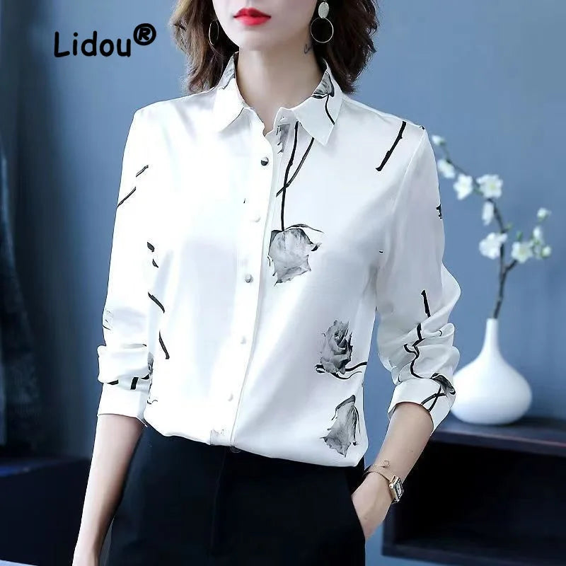 Elegant Fashion Printing Rose High-end Blouse Women New Long Sleeve White Single-breasted Office All-match Lady Shirt 2023