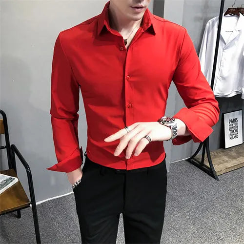 Helles Rotes Langarmhemd Herrenmode Slim Fit Hemden Weiße, Blaue, Graue Herren Tops Schwarzes, Lilanes, Grünes Kleid Camisa Männlich Chemise