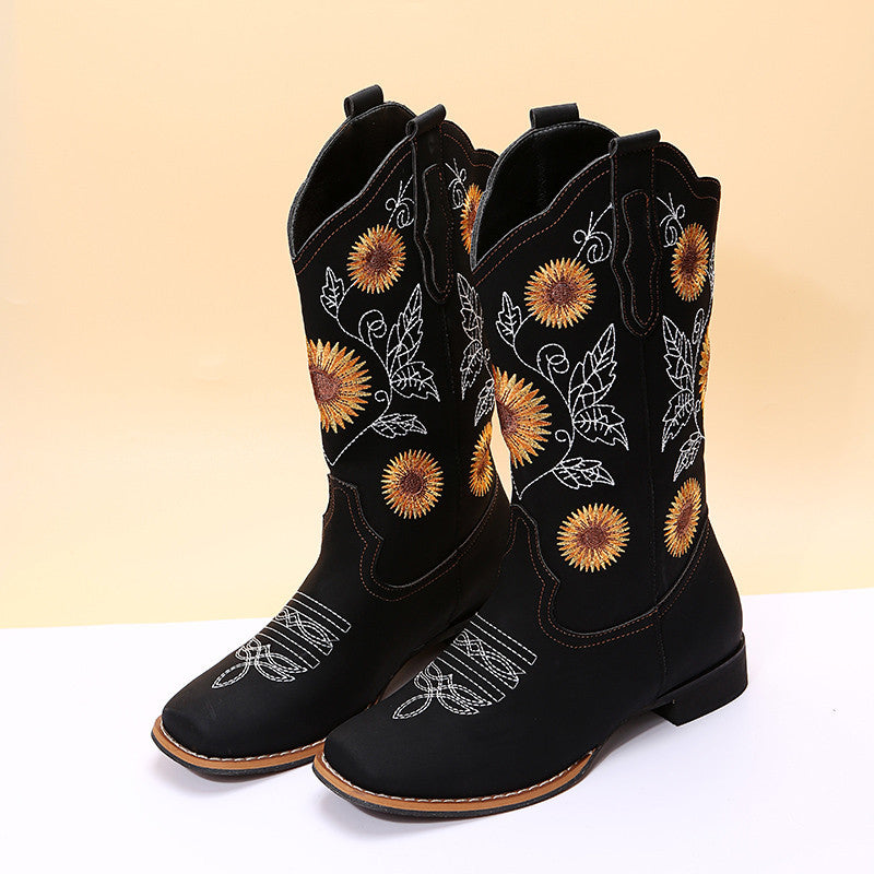 Damen Cowboy-Stiefel – Bestickte Westernstiefel mit Sonnenblumen-Design