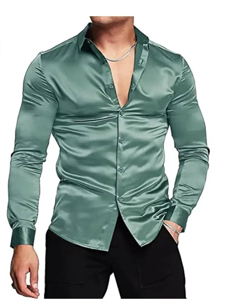 Herren Luxuriöses Glänzendes Seiden-Satin Hemd – Langarm, Lässiger Slim Fit, Muskel-Schnitt, Button-Down Hemd für Männe