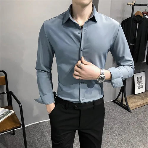 Helles Rotes Langarmhemd Herrenmode Slim Fit Hemden Weiße, Blaue, Graue Herren Tops Schwarzes, Lilanes, Grünes Kleid Camisa Männlich Chemise